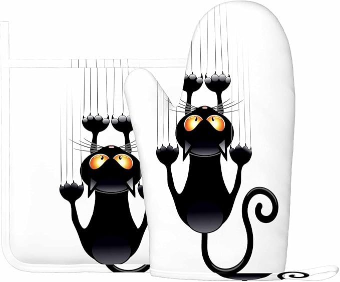Mxocom Funny Cat Oven Mitt and Pot Holder with Silicone Black Cat Cartoon Scratching Wall Heat Resistant Kitchen for Cooking BBQ Baking Grilling Spring/Summer
