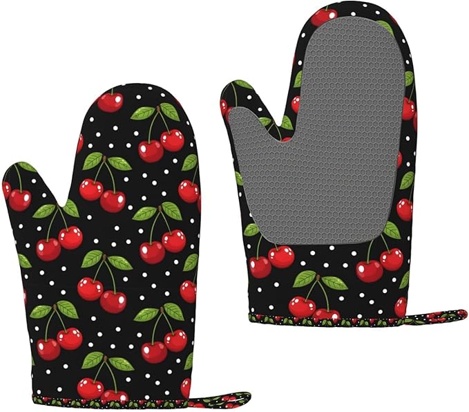 Heat Resistant Oven Mitts 2 Pack, 500°F Silicone Oven Gloves with Non-Slip Grip, Soft Quilted Cotton Lining for Baking, Grilling, BBQ, Cooking (Cherry)