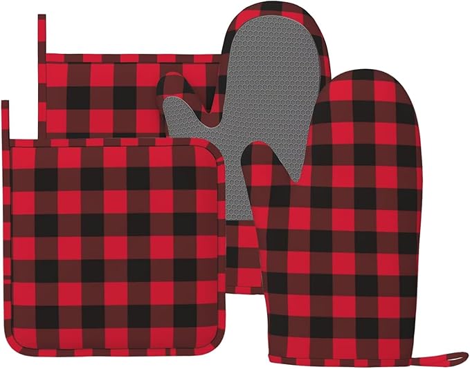 Red and Black Plaid Buffalo Oven Mitts and Pot Holders Set of 4 Silicone Check Gingham Kitchen Mitten Gloves and Non-Slip Potholders Set Heat Resistant Oven Gloves Hot Holders for Kitchen