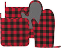 Red and Black Plaid Buffalo Oven Mitts and Pot Holders Set of 4 Silicone Check Gingham Kitchen Mitten Gloves and Non-Slip Potholders Set Heat Resistant Oven Gloves Hot Holders for Kitchen
