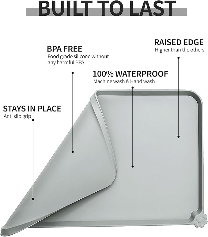 Reopet Waterproof Pet Feeding Mat with High Raised Edges, Heavier and Thicker Placemats for Cat Dog Water Bowl with BPA Free, Dogs Cats Food Mats for Messy Drinkers to Prevent Spill and Protect Floors