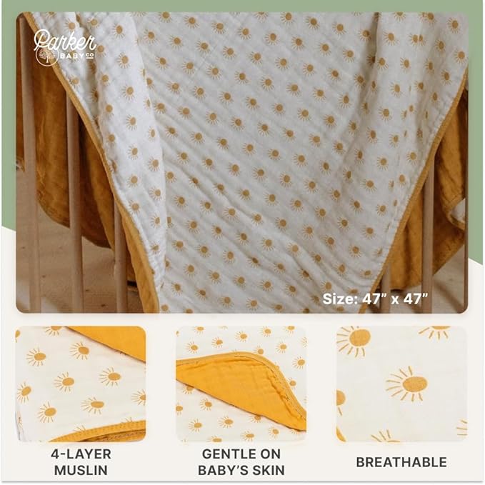 Parker Baby Muslin Blanket | 100% Soft Cotton Toddler Quilt & Baby Muslin Swaddle | Gender Neutral Design 47" x 47" Blanket