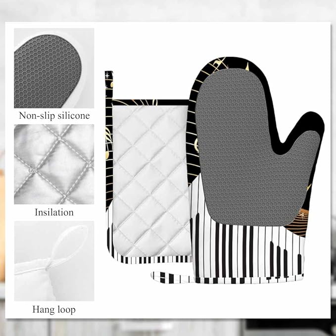 Mxocom Piano and Music Note Heat-Resistant Oven Mitts and Pot Holder Instrument Melodic Letter Twinkle Black Kitchen Non-Slip Cooking Microwave Gloves for Cooking Baking Grilling