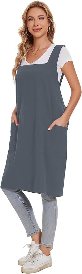 Linen Cotton Aprons for Women Smock Cross-Back Apron with Pockets