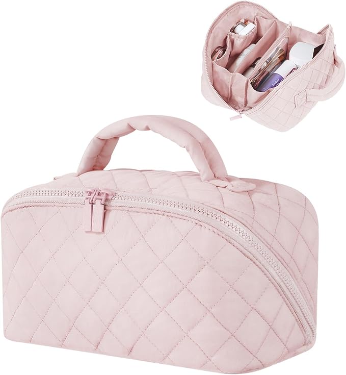 Makeup Bag for Women, Wide Open Lay-Flat Water-Resistant Cosmetic Case, Festivalment Makeup Bag, Spacious 180° Open Cosmetic Organizer for Toiletries & Brushes Large Capacity with Compartments (Pink)