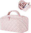 Makeup Bag for Women, Wide Open Lay-Flat Water-Resistant Cosmetic Case, Festivalment Makeup Bag, Spacious 180° Open Cosmetic Organizer for Toiletries & Brushes Large Capacity with Compartments (Pink)