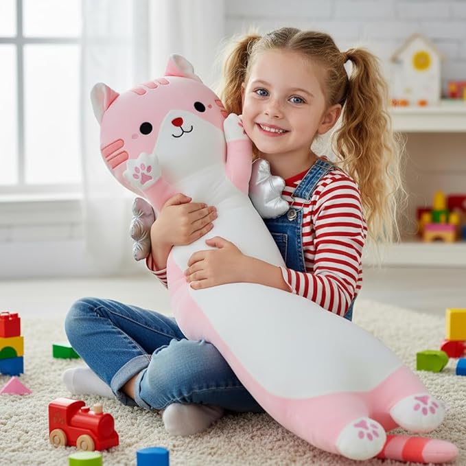 Kekeso Long Cat Plush Pillow, Cute Cat Stuffed Animal Body Pillow with Wings, Soft Kawaii Kitty Hugging Pillow, Christmas Valentine's Birthday Gift for Kids Girls Boys (Pink, 90cm/35.43in)