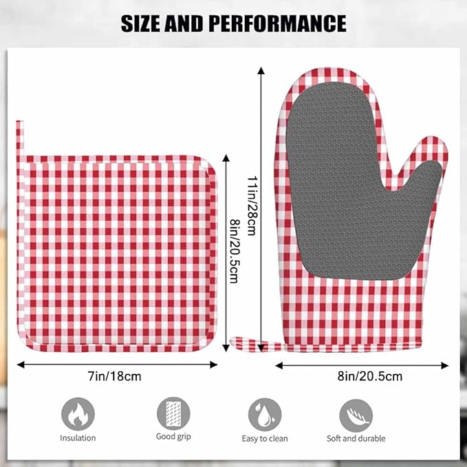 Mxocom Gingham Red White Checked Tartan Heat-Resistant Oven Mitts and Pot Holder Abstract Lattice Criss-Crossed Kitchen Non-Slip Cooking Microwave Gloves for Cooking Baking Grilling