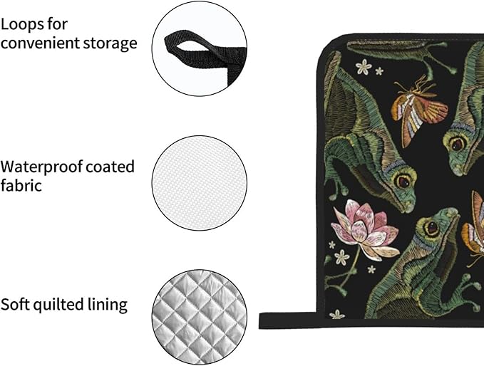 Vintage Frogs Lotus Flowers Oven Mitts and Pot Holders 4 Pcs Set Oven Gloves and Potholders for Cooking Microwave BBQ Baking Grilling