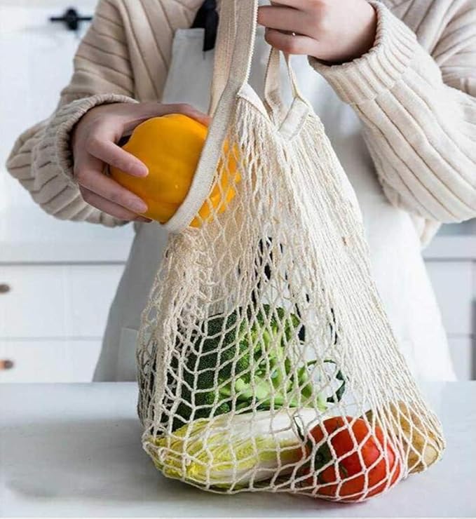 JM-capricorns 4 Pack Portable Reusable Grocery Bags Fruit and Vegetable Bag Washable Cotton Mesh String Organic Organizer Shopping Handbag Long Handle Net Tote (blue,Black,Beige,Orange)