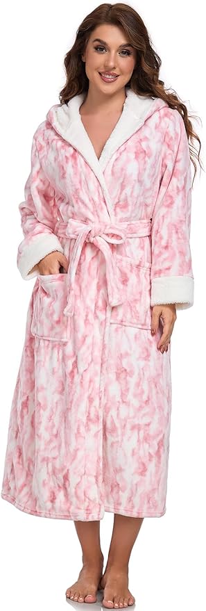 RONGTAI Womens Plush Fleece Hooded Bathrobe, Thick Nightgown Long Robe Sleepwear with Two Side Pockets and Belt