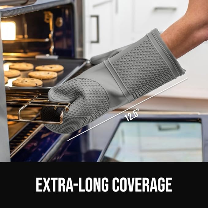 GORILLA GRIP BPA-Free Soft Silicone Oven Mitts, Heat Resistant and Waterproof Cooking Gloves, Thick Cotton Lining, Flexible Gripping for Baking Grilling, Kitchen Potholders Set of 2, 12.5x8.3, Gray