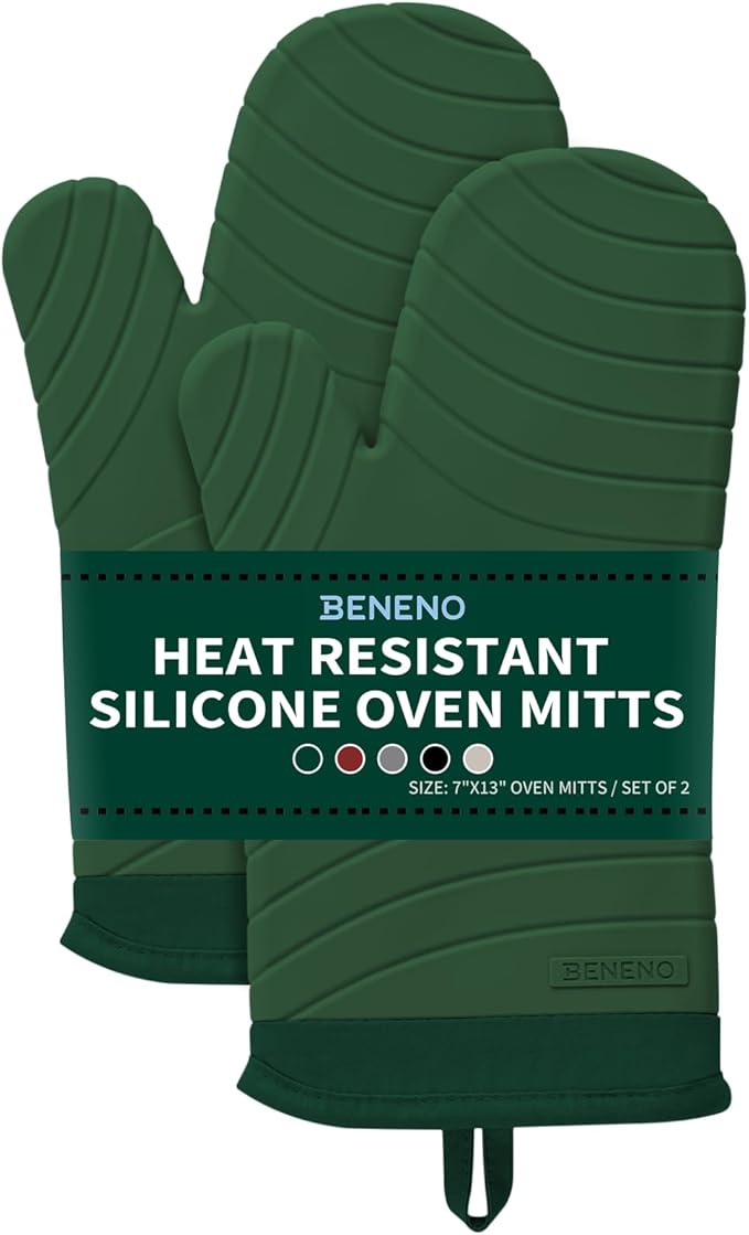 Beneno Heat Resistant Silicone Oven Mitts BPA-Free, Non-Slip Textured Grip & Quilted Cotton Lining, Waterproof Kitchen Mitt 2-Pack Set, 7"x13", Green