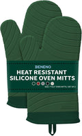 Beneno Heat Resistant Silicone Oven Mitts BPA-Free, Non-Slip Textured Grip & Quilted Cotton Lining, Waterproof Kitchen Mitt 2-Pack Set, 7"x13", Green
