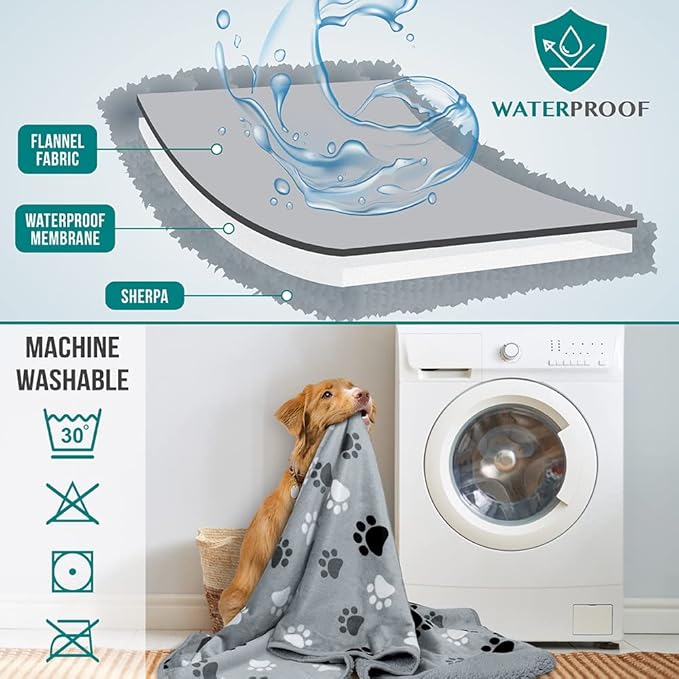 PetAmi Waterproof Dog & Cat Blanket, Pee Proof for Couch, Reversible, Soft Fleece, Washable, 29x40 Paw Gray
