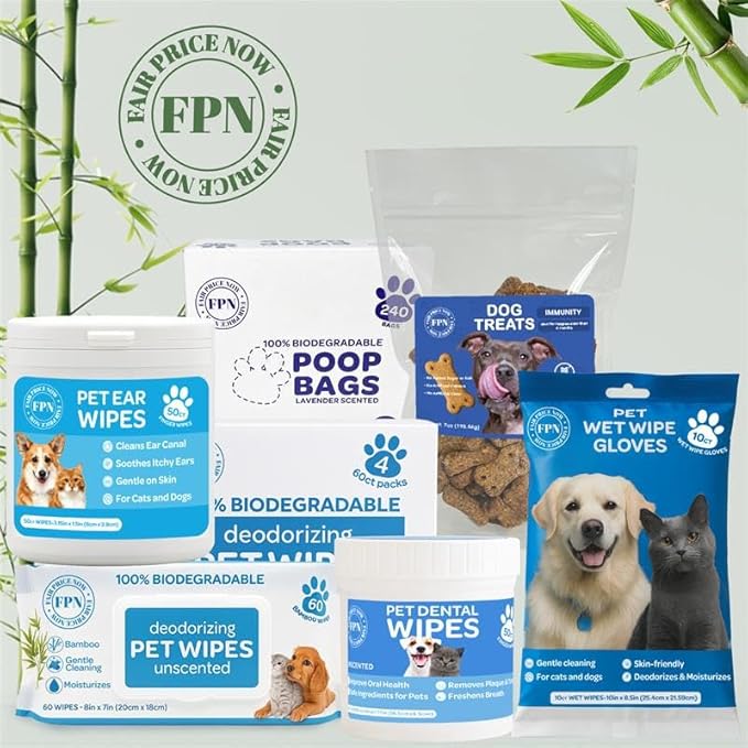 FPN Pet Cleaning Gloves for Dogs & Cats – 10 Count, Unscented No-Rinse Grooming Wipes in Extra-Thick Double-Sided Cleaning Mitts with Coconut Oil, Witch Hazel & Grapefruit – Paw, Fur & Face Cleaning