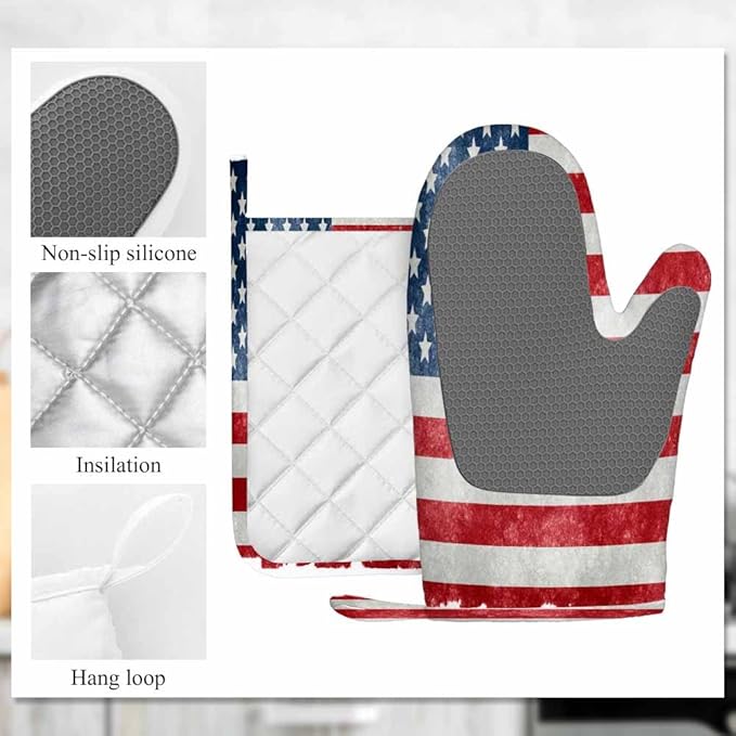Mxocom Grungy Us Flag Oven Mitts and Pot Holders Sets Vintage American Flag Red Stripes Ancient Country Flag Silicone Heat Resistant Kitchen Oven Gloves Pot Holder for Cooking
