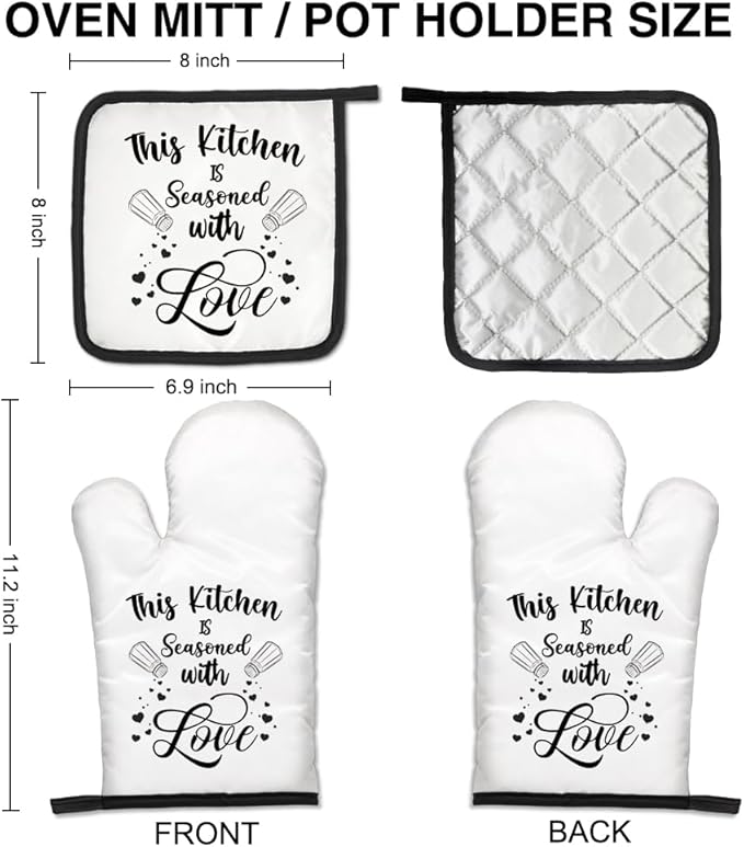 This Kitchen is Seasoned with Love Funny Oven Mitts and Pot Holders Set, Kitchen Baking Grill Microwave Gadgets, Sweet Housewarming Gifts, Birthday Gifts for Women, Men, Hostess, BBF