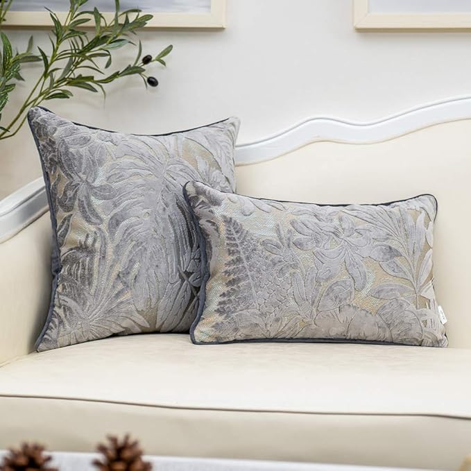 Alerfa 12 x 20 Inch Gray Silver Rectangle Maple Leaf Pillow Embroidery Cut Velvet Cushion Case Luxury Modern Lumbar Throw Pillow Cover Decorative Pillow for Couch Sofa Living Room Bedroom Car