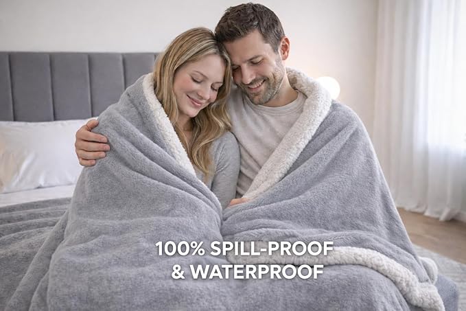 Bedding Aid Waterproof Queen Size Blanket - Sherpa Fleece Reversible Throw, Soft Warm Leak-Proof Bed & Couch Protector for Kids, Pets & Everyday Spills (Velvet Gray/Cloud White, Queen 90x90)