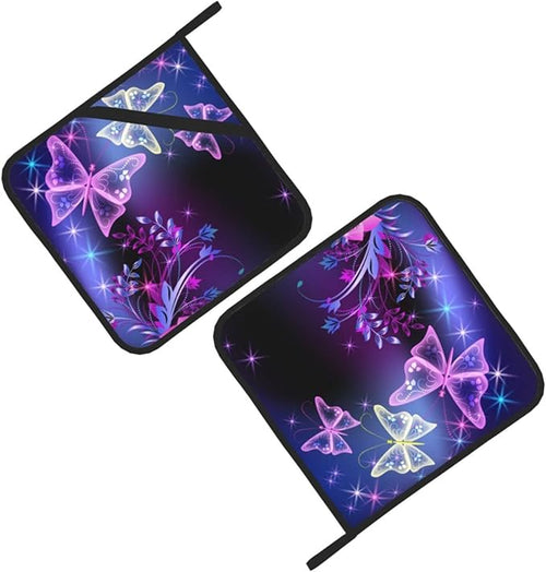 2-Pack Dreamy Butterflies Potholders Kit Trivets Black Kitchen Pot Holders Set Heat Resistant Quilted Large Coasters Hot Pads for Everyday Cooking Baking, 8 x 8 Inch (Colorful)