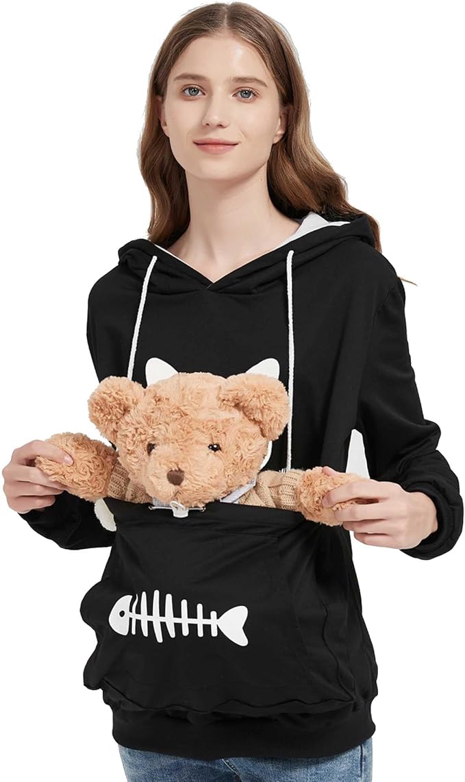 Gets Pet Cat Dog Pouch Hoodie Kitten Puppy Holder Carrier Long Sleeve Kangaroo Pocket Hoodie Unisex (Black,XXL)