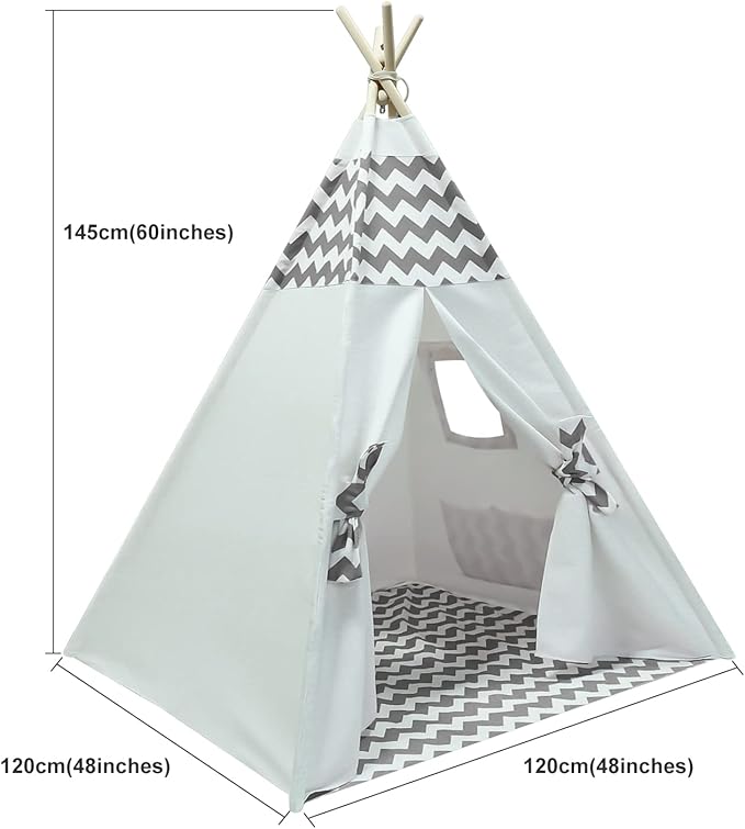 Kids Teepee Tent for Boys Childrens Teepee Play Tent with Carry Case & Floor Mat, Portable Toddler Tipi Tent for Baby Indoor Outdoor Playhouse Grey Chevron Teepee