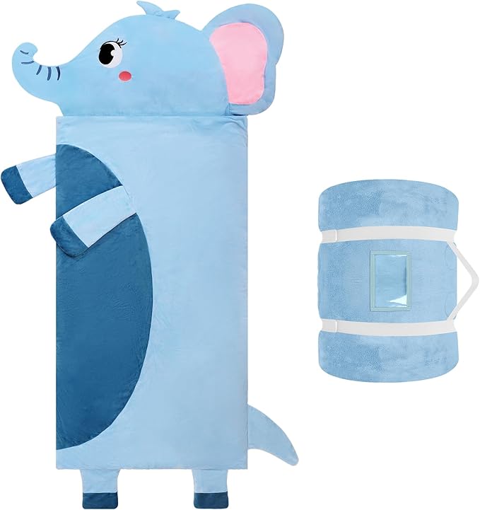Toddler Nap Mat,Elephant Kids Sleeping Bag 67‘’×27‘’,Extra Large Slumber Bag Thick with Removable Pillow for Girls Boys,Soft Plush Roll Up Sleeping Mat Lightweight for Preschool,Daycare,Travel