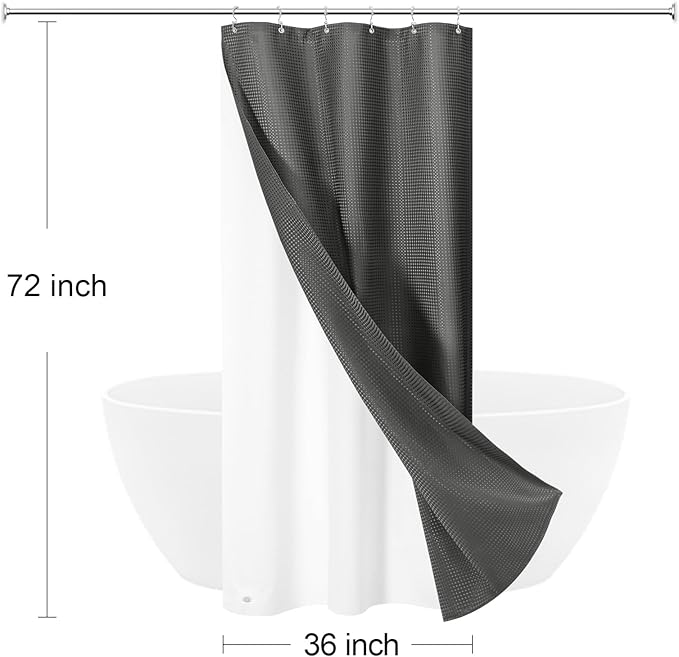 Craidlela 3 in 1 Stall Half Size Charcoal Grey Shower Curtain Set-36 W x 72 H, Modern Waffle Waterproof Fabric and PEVA Liner Set with Stainless Steel Hooks