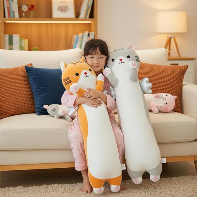 Long Cat Plush Pillow, Cute Cat Stuffed Animal Body Pillow with Wings, Soft Kawaii Kitty Hugging Pillow, Christmas Valentine's Birthday Gift for Kids Girls Boys (Yellow, 90cm/35.43in)