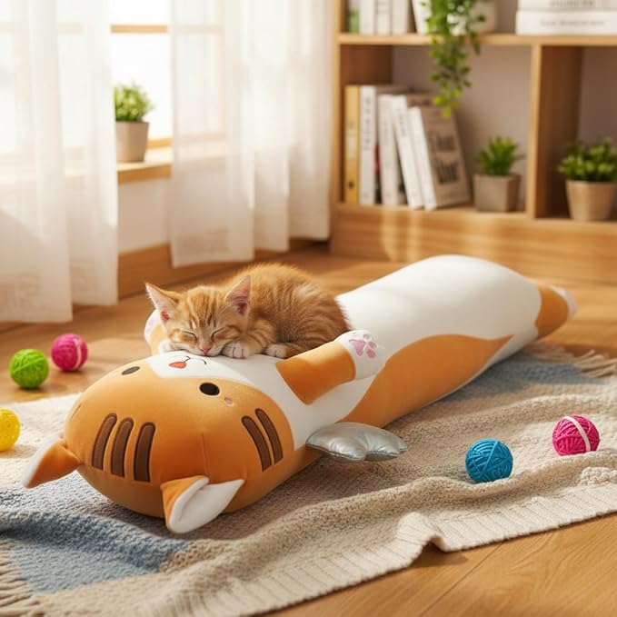 Long Cat Plush Pillow, Cute Cat Stuffed Animal Body Pillow with Wings, Soft Kawaii Kitty Hugging Pillow, Christmas Valentine's Birthday Gift for Kids Girls Boys (Yellow, 110cm/43.31in)