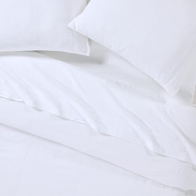Sijo Stone Washed Organic French Linen Bed Sheet Set, GOTS Certified Organic, Best Cooling Linen Sheet Award by Sleep Foundation, 1 Flat Sheet Only (Snow, Full/Queen)