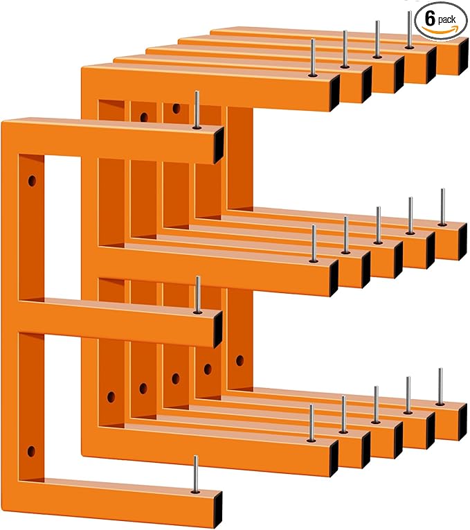 6 Pack Wall-Mounted Lumber Rack, Heavy Duty Wood Storage Racks, 9-Level System Garage Shelving, 1980 LBS Capacity Hanging Organizer Shelves, Orange Brackets Utility Metal Shelf for Indoor and Outdoor