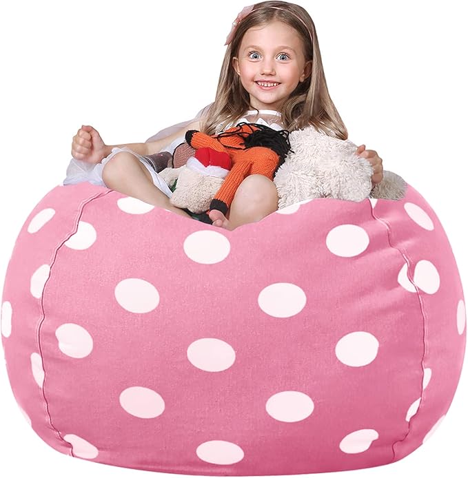 WEKAPO Stuffed Animal Storage Bean Bag Chair Cover for Kids | Stuffable Zipper Beanbag for Organizing Children Plush Toys Large Premium Cotton Canvas (Pink Dot, XX-Large)
