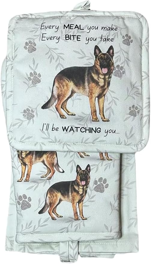 German Shepherd 3-Piece Kitchen Set - Oven Mitt, Pot Holder & Kitchen Towel Set, Heat Resistant up to 420 F, Soft Quilted Cotton for Cooking, Baking, BBQ, Pet Lover Gifts (German Shepherd)