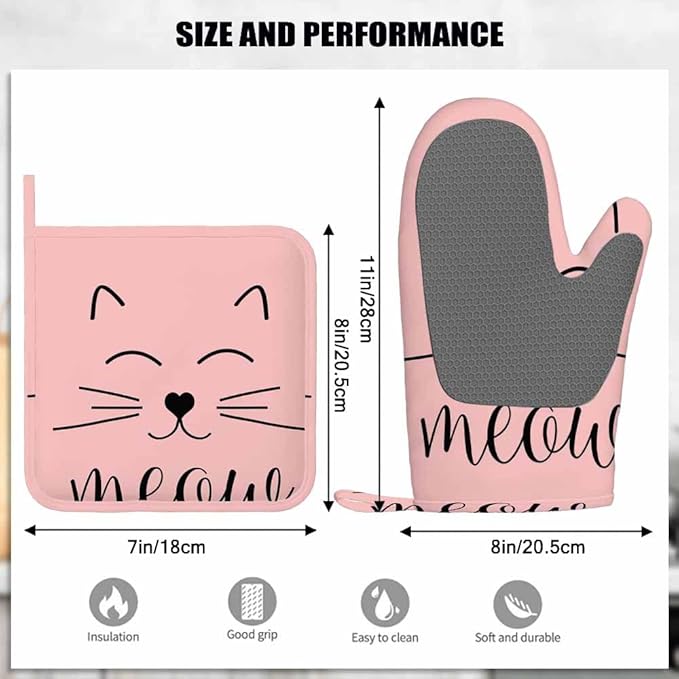 Mxocom Cat Welcome Silicone Oven Mitts and Pot Holders Sets Cute Cat Smile Face Graphic BBQ Gloves for Kitchen,Cooking,Baking,Grilling