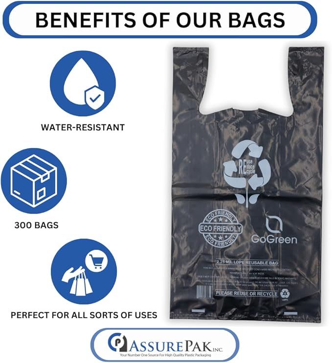 ASSUREPAK Black Reusable/Eco-Friendly LDPE T-Shirt - 1/8 BBL (10"X5"X18") - 300 Bags - 57 Micron (2.25 mil) - Black - BLKLD40REC225REUSE10518