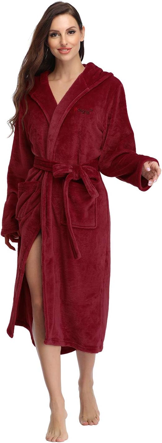 RONGTAI Womens Robes Plush Fleece Hooded Bathrobe Thick Nightgown with Pockets Fluffy Sleepwear