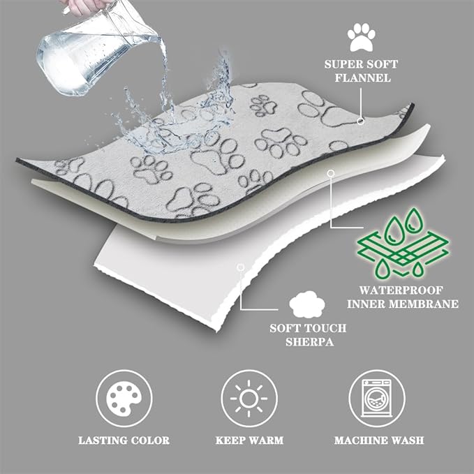 Qeils Dog Blankets for Small Dogs - Waterproof Pet Blanket Washable - Sherpa Fleece Puppy Blanket, Soft Plush Reversible Dog Blanket for Bed Couch Car Sofa, 40"X50", Grey Paw Print