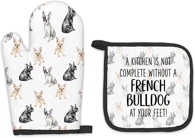 French Bulldog Dog Oven Mitts and Pot Holders Sets, Frenchbulldog Gifts Kitchen Accessories Sets, Complete Without a French Bulldog Heat Resistant Oven Glove Potholders for Kitchen Baking