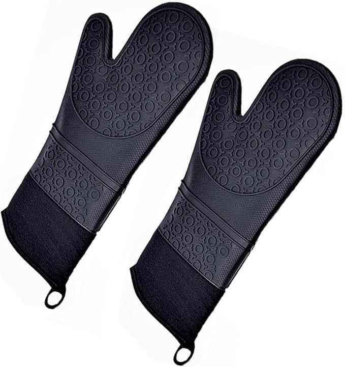 YUANQIAN 2 Pack Long Silicone Oven Mitts,Heat Resistant Oven Gloves with Cotton Lining,for BBQ,Baking,Cooking and Grilling (14.2 Inch)