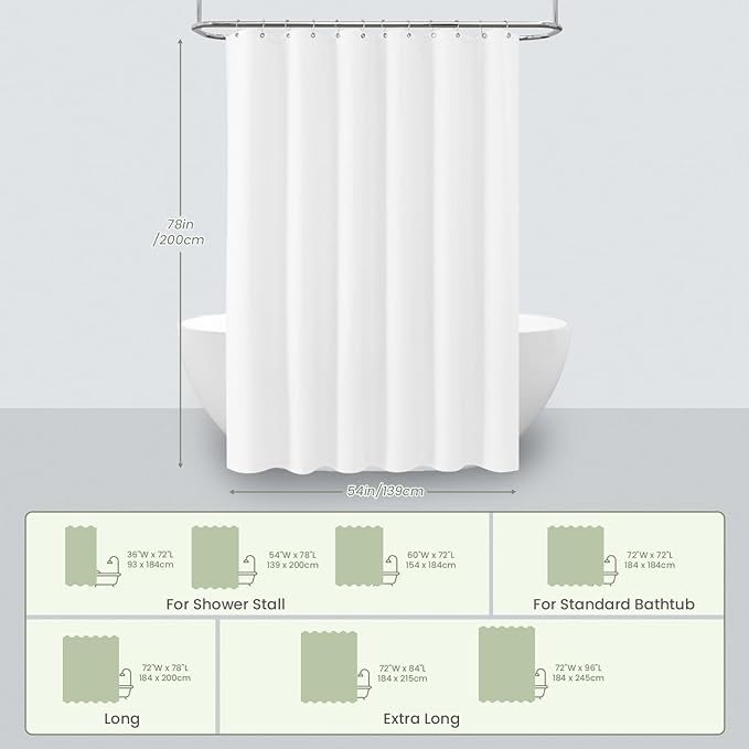 Inhousolu Fabric Shower Curtain Waffle Weave, 230 GSM Heavy Duty, Weighted Hem, 12 Metal Hooks, Water Repellent, Machine Washable, Hotel Spa Luxury Bath Curtain Set, 54 x 78 Inch, White