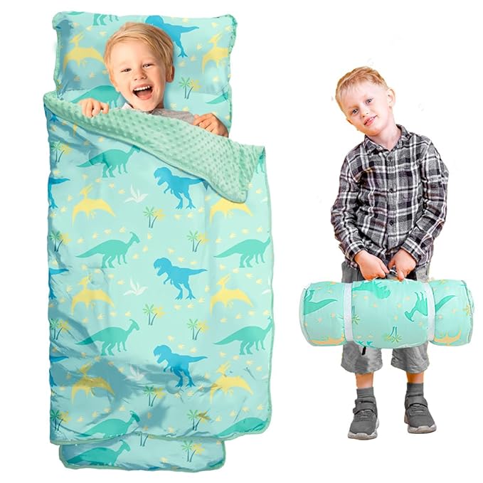 Beavtaens Toddler Nap Mat with Pillow and Minky Blanket, Large 55"x35" Sleeping Bag, Washable, Lightweight, Easy to Roll, Perfect for Preschool, Daycare, Kindergarten, Travel, Boys and Girls(Dinosaur)