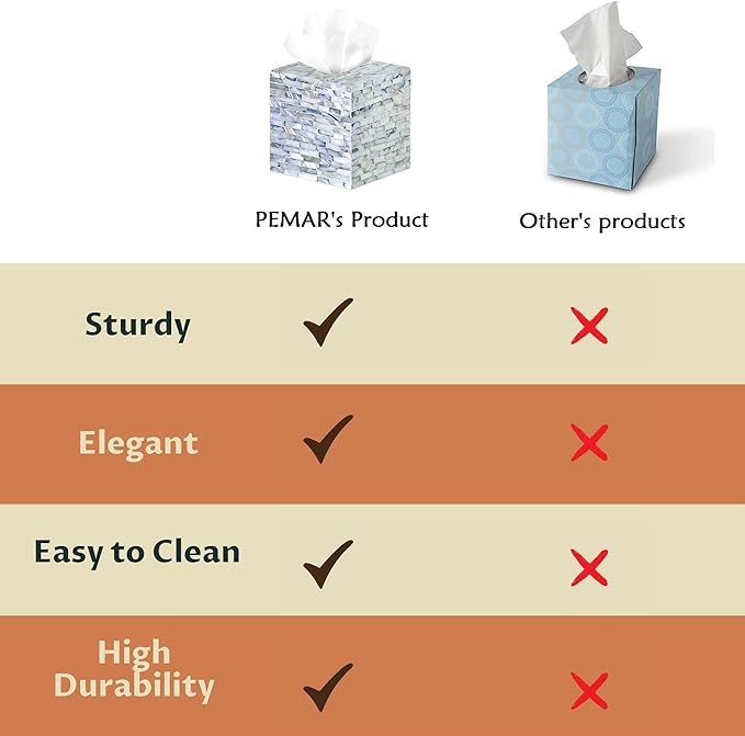 PEMAR Handcrafted Wooden Tissue Box Cover for Small Cube Tissue Boxes Only (Max Inner Size 4.7”) – Mother of Pearl Inlay Decorative Tissue Holder for Bathroom, Living Room & Office (Blue)
