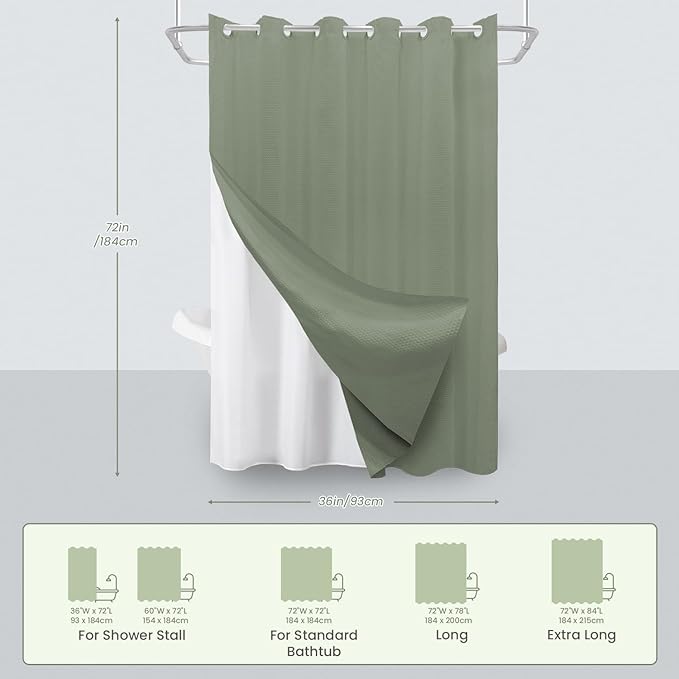 Inhousolu No Hook Waffle Weave Shower Curtain with Removable Snap in Fabric Liner Set for Bathroom, 230 GSM Heavy Duty Weighted Hem, Water Repellent Washable Bath Curtains, 36 x 72 Inch, Sage Green