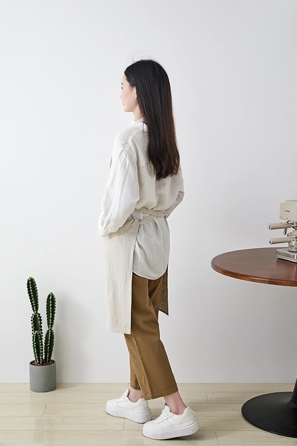 Cotton Linen Apron for Women - Adjustable Casual Apron with Pocktes, Great for Florist, Coffee House and Kitchen