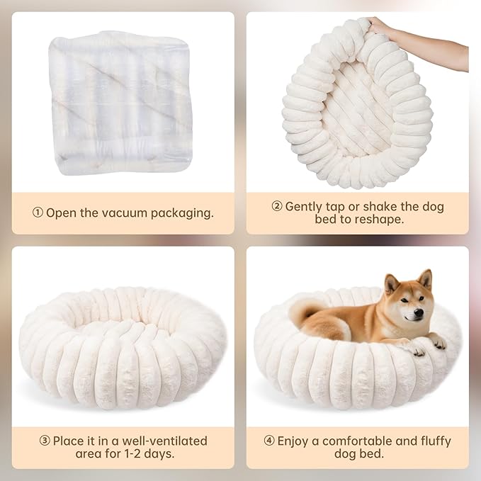 Vhen When Warming Faux Rabbit Fur Pet Beds – Luxurious Donut Dog & Cat Bed, Anti-Anxiety Calming Cuddler Bed for Small Medim Dogs, Washable Round Puppy Kitten Beds, Non-Slip Bottom(31x31x8, White)
