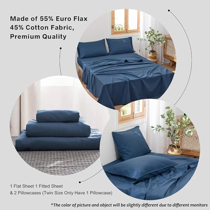 Simple&Opulence Belgian Linen Sheet Set Solid Color - 4 Pieces (1 Flat Sheet, 1 Fitted Sheet & 2 Pillowcases) Natural Flax Cotton Blend Soft Breathable Farmhouse Bedding - King Size, Classic Blue