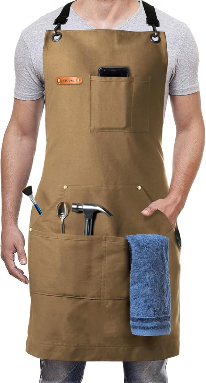 Professional Chef Apron for Mens, 100% Cotton Canvas, Kitchen Cooking BBQ Grilling Apron, Durable
