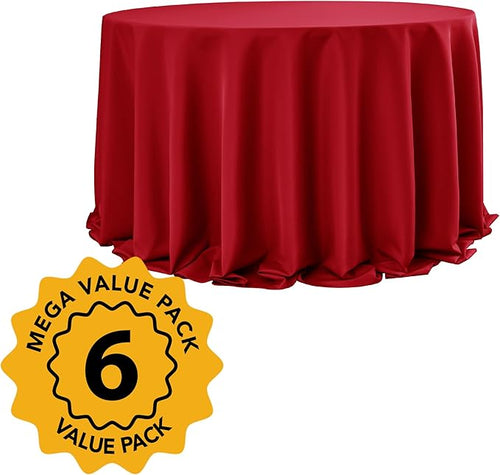6-Pack Red Round Tablecloths, 132 Inches, Stain-Resistant Polyester for 6-8 Ft Round Tables - Washable Table Covers for Weddings, Banquets, Birthday Parties, Events